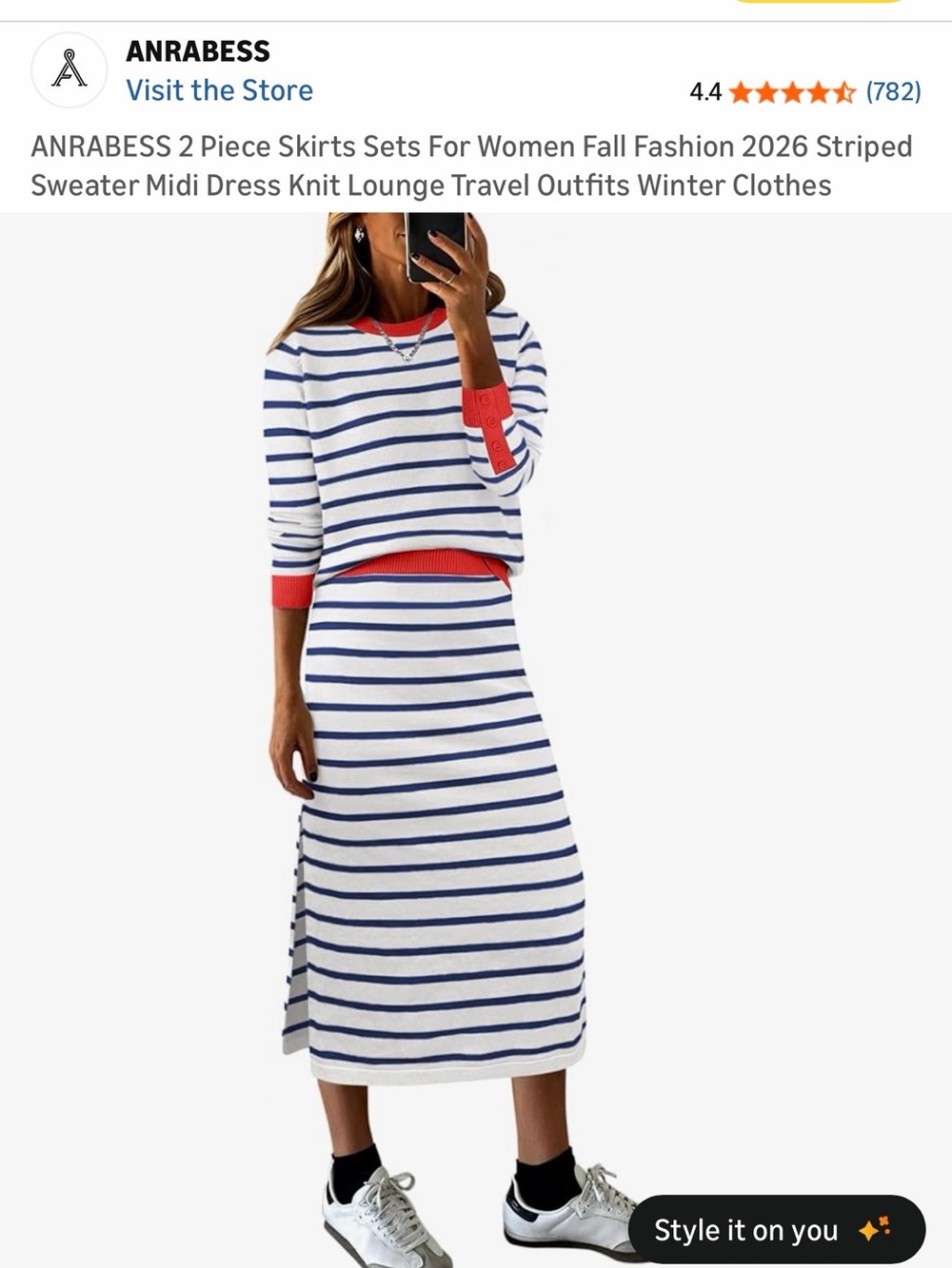 White & Blue Striped Knit Two-Piece Dress Set with Red Accents